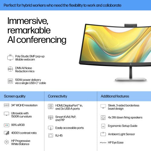 HP Series 5 Pro 34 inch WQHD USB-C Conferencing Monitor - 534pm PVC Free