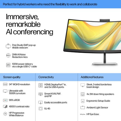 HP Series 5 Pro 34 inch WQHD USB-C Conferencing Monitor - 534pm PVC Free